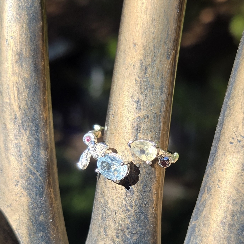 Blue Topaz Citrine Rhodalite Natural Gemstone Sterling White Gold Ring Sz8.5 - Picture 4 of 10
